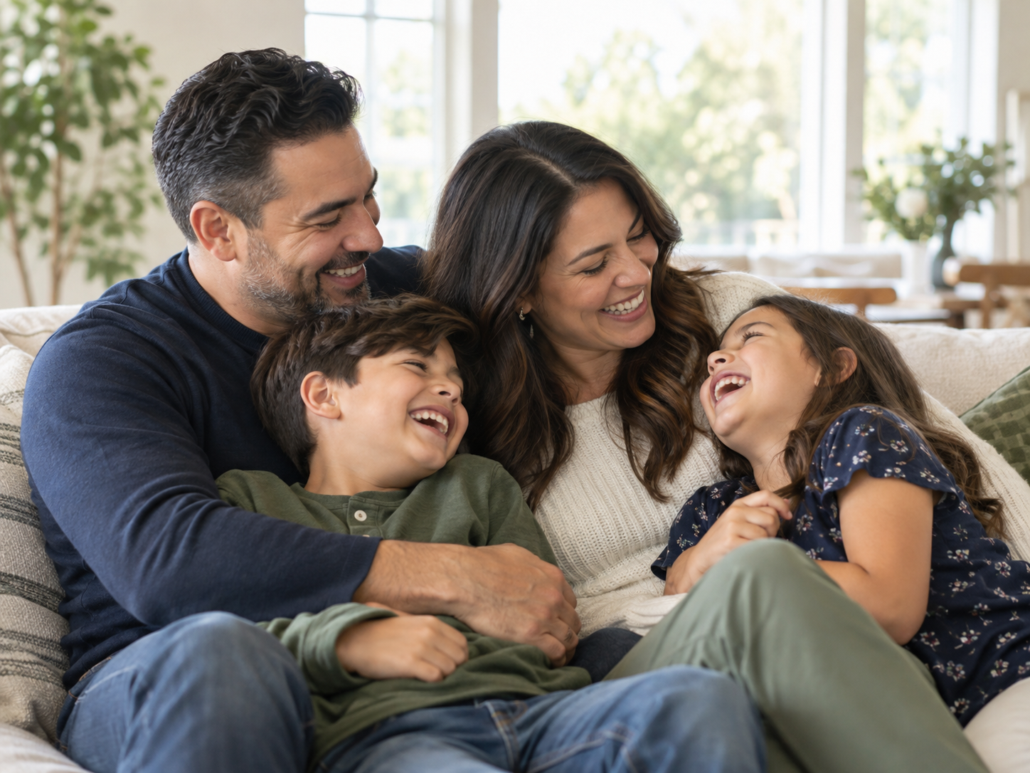 A father, his spouse, and their two children laughing together on a sofa at home.